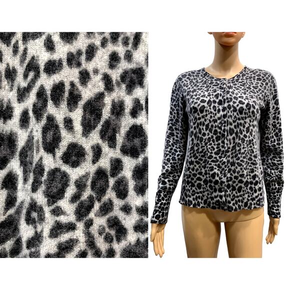 Y2K Vintage Black & Gray Leopard Print Cashmere Cardigan Sweater | S/M - Picture 1 of 8